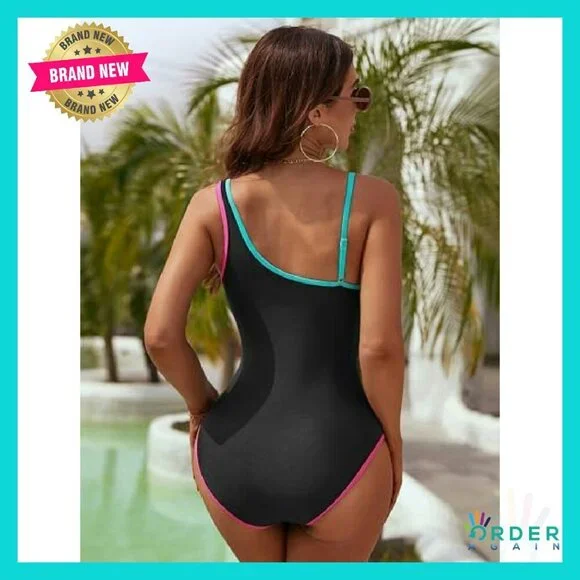 One Shoulder Mesh One Piece Swimsuit Slimming Retro Elegant Chic - Picture 5 of 7